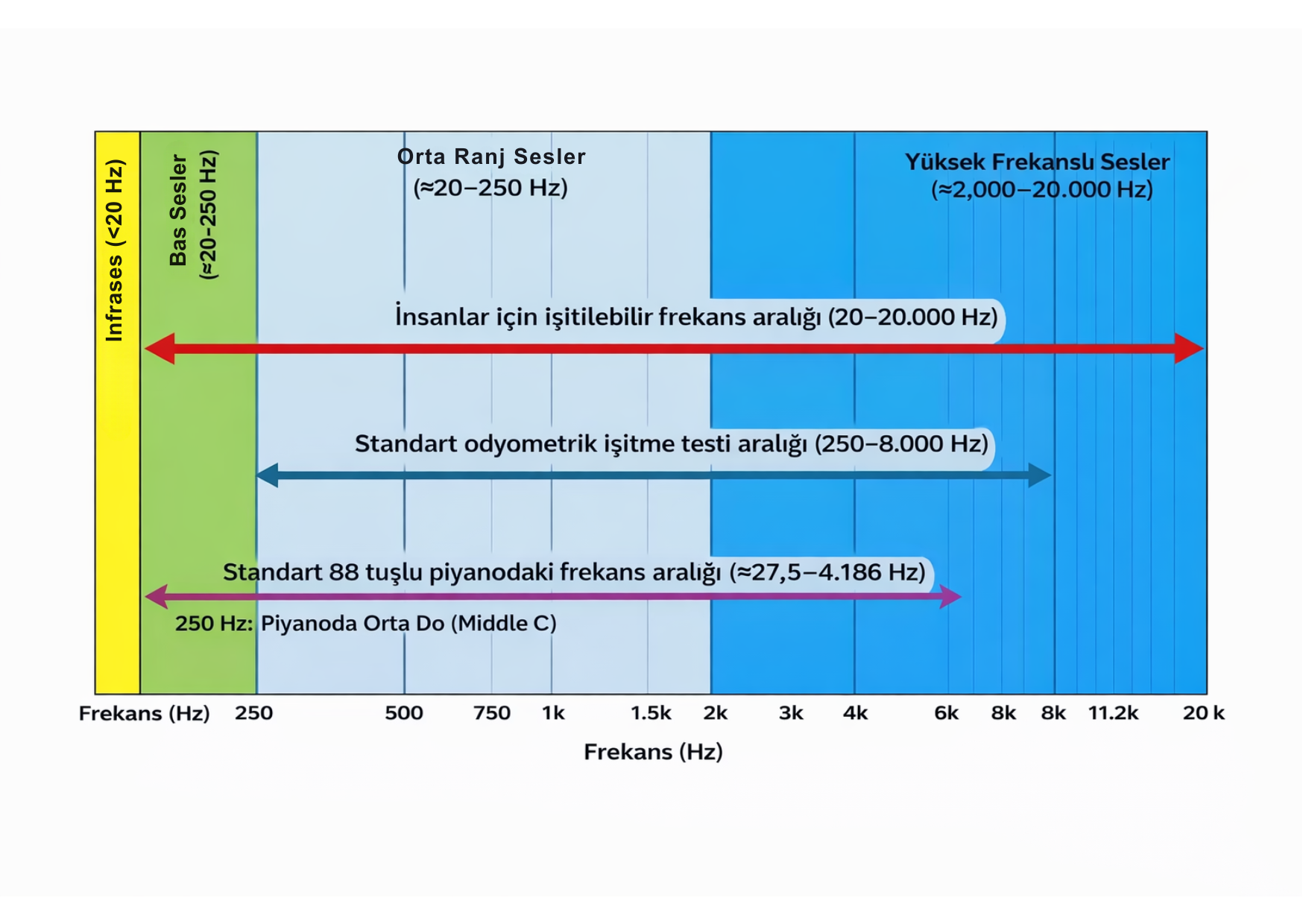 Comparison of the audible frequency range with the tested range