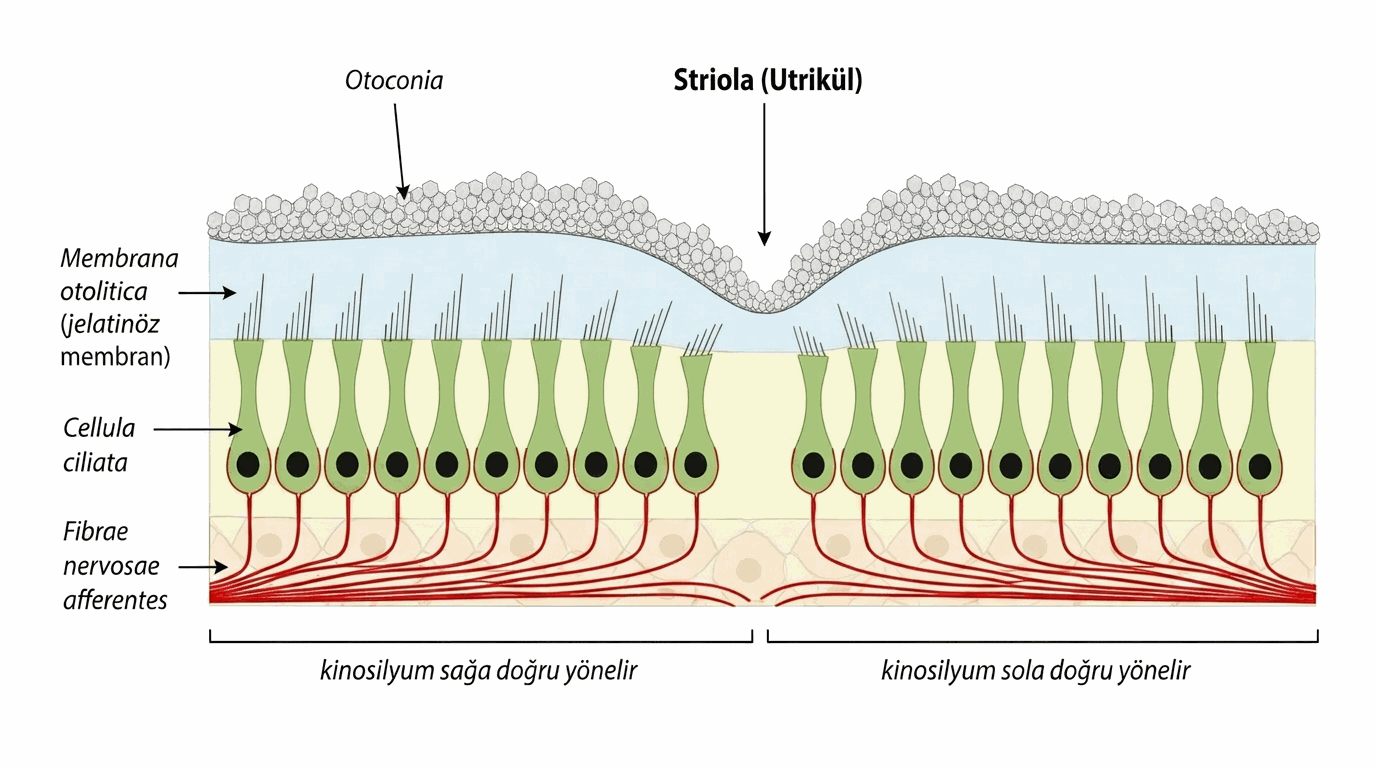 Otolit organ (makula) kesiti: otokonia, jelatinöz membran, tüy hücreleri, sinir lifleri ve striola boyunca kinosilyum yön dönüşümü